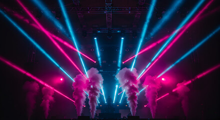 Poster - Vibrant Stage Lights in Blue and Pink with Mysterious Smoke Creates an Immersive Atmosphere and Captivating Illumination