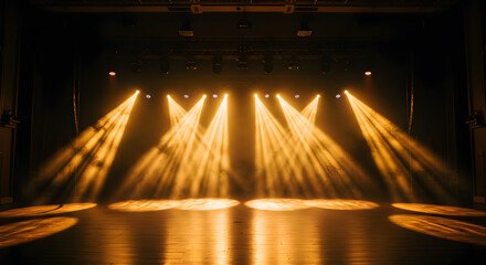 Poster - View of a Stage with Dark Wood Floor Yellow Lights and Spotlight Pointing Down in Theater Arts Performance and Entertainment