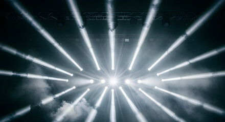 Poster - White Light Beams Radiating Through Smoke on a Dark Stage with Dark Background and Top Stage Lights