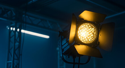 Poster - Yellow Stage Light with Fresnel Lens on Steel Structure in Dark Blue Hazy Background for Film Production and Theatrical Illumination