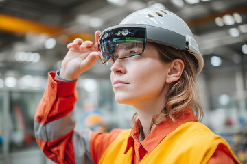 Poster - Female engineer using AR glasses in smart factory, clean background, sci-fi lighting