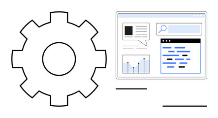 Large gear beside a computer interface with charts, text, and search bar. Ideal for data analytics, process automation, system integration, workflow improvement, software tools, technical solutions