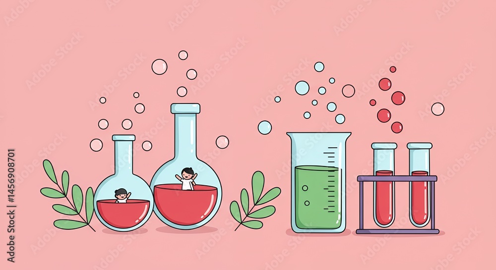 Cartoon Illustration of Laboratory Glassware with Colorful Liquids and ...
