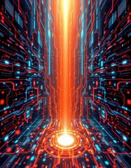 Fototapete - create an abstract digital art piece featuring a futuristic network background with shimmering rays emanating from a central point at the bottom of the image
