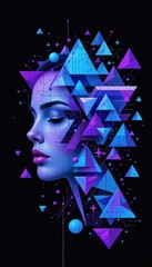 Poster - create a captivating piece of digital art featuring geometric shapes and figures, including triangles in shades of blue and purple, set against a stark black background