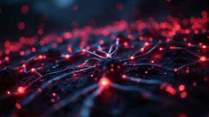 Poster - A network of glowing neural connections spreads across a dark surface, illustrating advanced technology or biology.