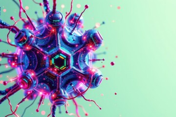 Poster - create a holographic 3d illustration of cyberspace plexus bundles linked with hexagonal and straight stripes sparkling around in the light green background