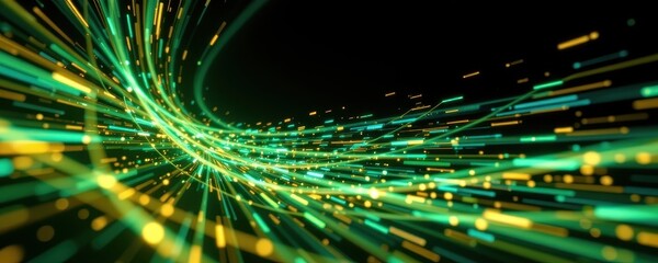 Poster - create an abstract digital art piece featuring a bination of green and yellow dotted lines flying fast across a black background