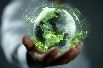 Poster - Person holding globe with green digital interface overlay