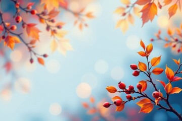 Poster - create an abstract autumn foliage banner background featuring a branch with twigs and berries in vibrant shades of blue and orange