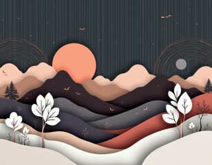 Poster - create a nature inspired landscape paper cut style artwork with rounded, curved shapes and gradients, featuring abstract geometric lines as a pattern background