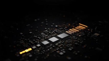 Poster - A close-up shot of a dark computer circuit board with illuminated orange components and intricate electronic details.