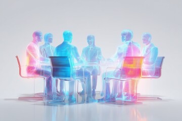 Poster - Team meeting with holograms, international business people, white background