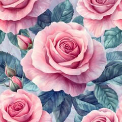 Poster - Watercolor painting featuring a seamless pattern of blooming pink roses and green leaves