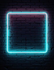 Poster - create a visually striking image featuring a square turquoise neon light frame glowing against a dark brick wall to create a simple modern design