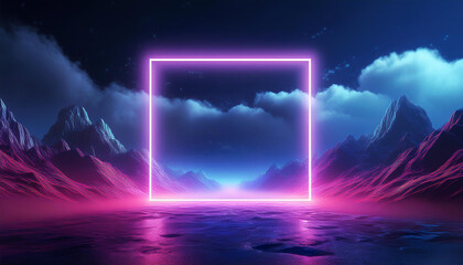 Poster - Neon Square Frame in Surreal Mountain Landscape at Night