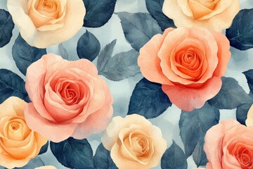 Poster - Seamless floral pattern showcasing delicate peach and cream roses, intertwined with teal leaves, creating a vintage-inspired design