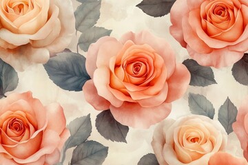 Poster - Seamless floral pattern showcasing delicate peach and cream roses, intertwined with teal leaves, creating a vintage-inspired design