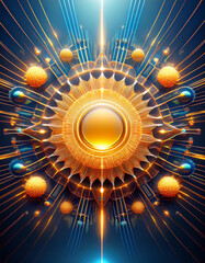 Poster - Abstract radiant sun design with golden geometric patterns and light rays