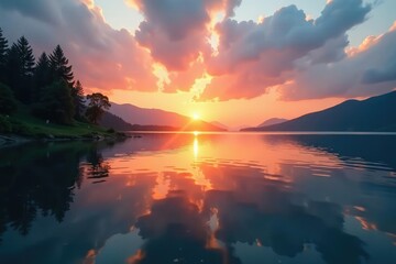 Wall Mural - smooth, unbroken surface of a lake at sunrise, visual, peaceful
