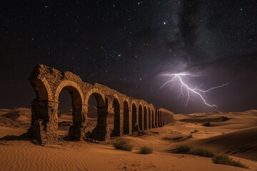 Wall Mural - Ancient aqueduct arches stretch across a sandy desert under a starry night sky, illuminated by a dramatic lightning strike.