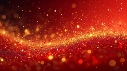 Poster - Vibrant red and gold particles dance across a blurred background, creating an enchanting atmosphere perfect for celebrations and parties during festive seasons