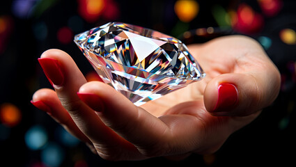 Poster - A hand gently holds a captivating crystal diamond, reflecting light beautifully. The vivid colors in the background enhance the stunning facets of the gem, emphasizing its clarity and sparkle