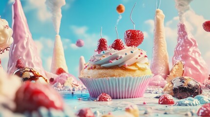 Fototapete - Fantasy candy world with oversized cupcakes, ice cream cones and dream landscape