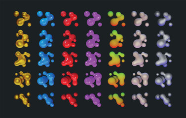 Aufkleber - 3d bubble. Liquid color lava blob. Fluid lamp spheres or fluorescent shape. Organic gradient forms. Glossy or matte texture. Floating metaball. Golden and silver balls. Vector splashes set