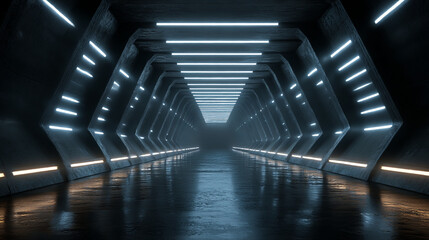 Poster - Futuristic tunnel neon lights background abstract corridor glowing led illumination space sci fi architecture