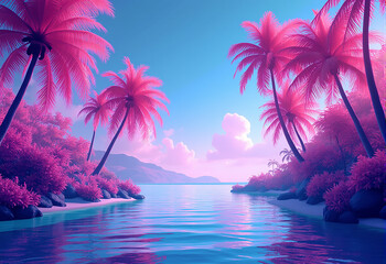 Wall Mural - Tropical sunset with palm trees and water in the islands, a vibrant purple sky, pink clouds, and a reflection on the sea surface - an exotic,generative AI