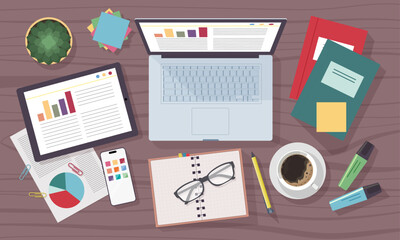 Poster - Work table top view. Teenager education desktop. Pen and paper for business technology. Office laptop. Computer keyboard. Notebook and stationery. Businessman workplace. Vector flat design