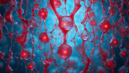Poster - Glowing red cells are suspended in a blue environment, creating an abstract and mesmerizing visual. The interconnectedness of the cells enhances the modern aesthetic