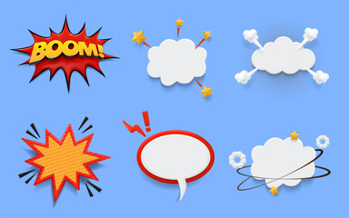 Poster - 3D explosion. Comic bang. Boom cloud or blast bubble shape. Balloon talk sign for business banner. Blank frame sticker. Bomb burst cloud with sparks. Vector pop art retro elements set