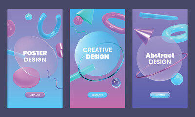 Poster - 3d glass shapes. Geometric ball object, memphis metal ring on fashion graphic poster. Fun ui spheres. Minimal cover or flyer design. Vector background, isolated glossy render elements