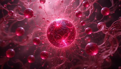 Poster - a glowing red molecular structure is surrounded by smaller particles in a swirling cosmic environmen