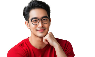 Poster - Smiling man in a red t-shirt wearing glasses and holding his chin on his hand, isolated on transparent background