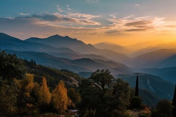 Wall Mural - majestic mountains at sunrise: warm hues behind light clouds with autumn trees and scenic views