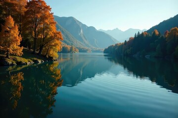 Wall Mural - calm lake surface reflecting trees, ripples spreading from center , beauty, calm, pattern