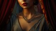 © Alex Pyatko - Elegant woman wearing ornate jewelry in a dramatic setting with rich drapery and soft lighting during an evening event