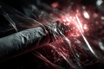 Poster - Wrapped cigar with cellophane, strong red light casting shadows, dark background, abstract texture, extreme close-up, detail