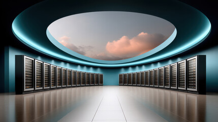 Poster - Modern data center with rows of servers under skylight, reflecting cybersecurity technology and cloud computing innovation