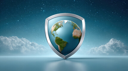 Poster - Earth globe protected by shield symbolizes cybersecurity global protection digital security and safe internet concept
