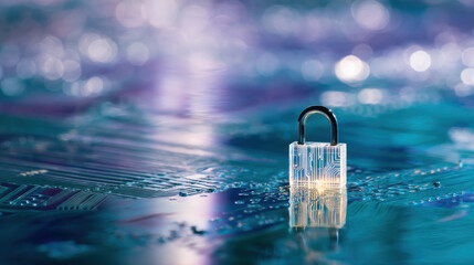 Poster - Cybersecurity concept with transparent padlock on digital circuit board symbolizes data protection and secure technology innovation