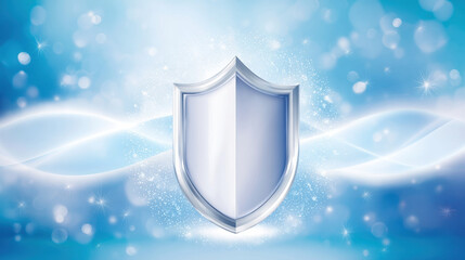 Poster - Cybersecurity concept with silver shield symbolizing protection and safety on blue abstract background with glowing light effects
