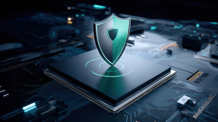Poster - Cybersecurity concept with shield icon on microchip, symbolizing digital protection and secure technology in futuristic environment