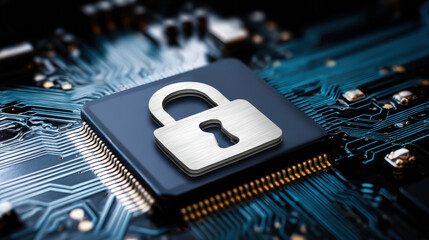Poster - Cybersecurity concept with metallic padlock symbol on computer chip representing secure data protection technology