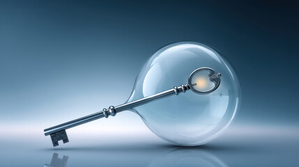 Poster - Cybersecurity concept with metallic key inside transparent bubble symbolizing data protection and secure access