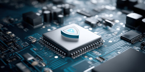 Poster - Cybersecurity technology concept with secure microchip and shield symbol on blue circuit board background