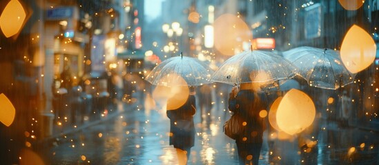 Wall Mural - rainy city street at night, blurred bokeh lights and people with umbrellas.